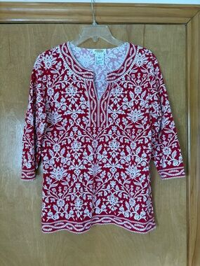 Talbots Red and White Floral Tunic Top